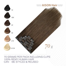 Aison Clip En Extensiones De Cabello Humano 70G 100% Remy Cabello Humano Clip En Extensiones Suave Sedoso Recto 7Pcs 16Clips Un Paquete (22 Pulgadas #4) Marrón Medio