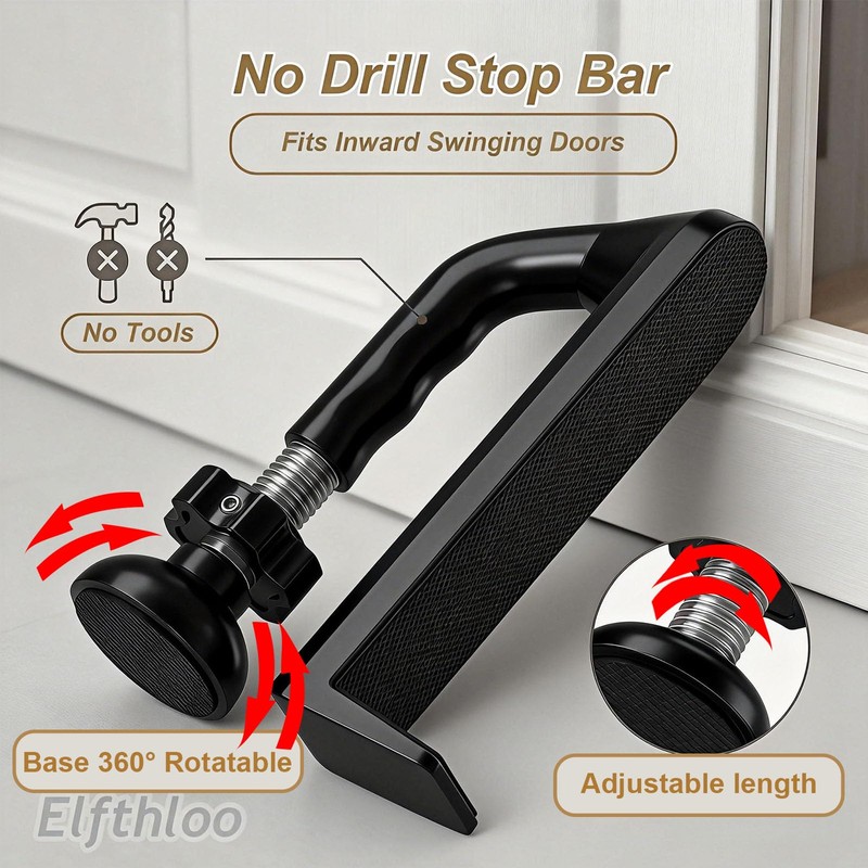 Elfthloo Portable Door Lock Travel Security, Black Anti-Theft Stopper