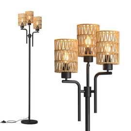 DENGALA Rattan Floor Lamp, Boho Style Standing Lamp with Foot Switch, 3 Head E26 Universal Sockets, Metal Standing Floor Lamp for Living Room, Bedroom (Bulb Not Included)