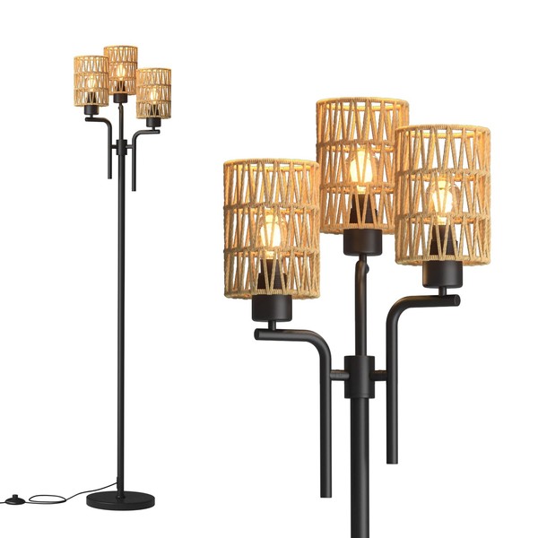 DENGALA Rattan Floor Lamp, Boho Style Standing Lamp with Foot