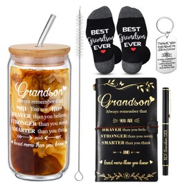 Teenyyou 5 Pcs Grandson Gifts from Grandma Grandpa for Birthday Easter Graduation 2025 Funny 16 oz Glass Cups Best Grandson Ever Socks Keychain Leather Refillable Journal Notebook Ballpoint Pen