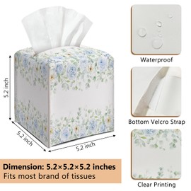 Blue Floral Leather Tissue Box Cover Square Watercolor Decorative Tissue Holder for Bathroom Home Office Gifts for Women Girls Sister Bestie Daughter Housewarming Christmas Birthday Gifts - DH549
