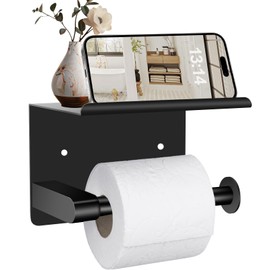 Matte Black Toilet Paper Holder with Shelf, Stainless Steel Tissue Roll Dispenser, Wall-Mounted Modern Bathroom Accessory for Home, Hotel, or Office