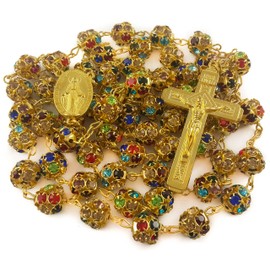 Nazareth Store Colorful Crystal Beads Rosary Necklace Catholic Gold Beaded Chaplet Miraculous Medal & Large Cross Crucifix