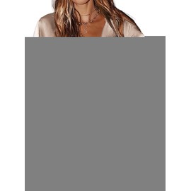 Zeagoo Women Dress Shirts Satin Long Sleeve Fall Cute V Neck Tie Waist Mini Dress Birthday Party Club Outfit,Khaki,X-Large