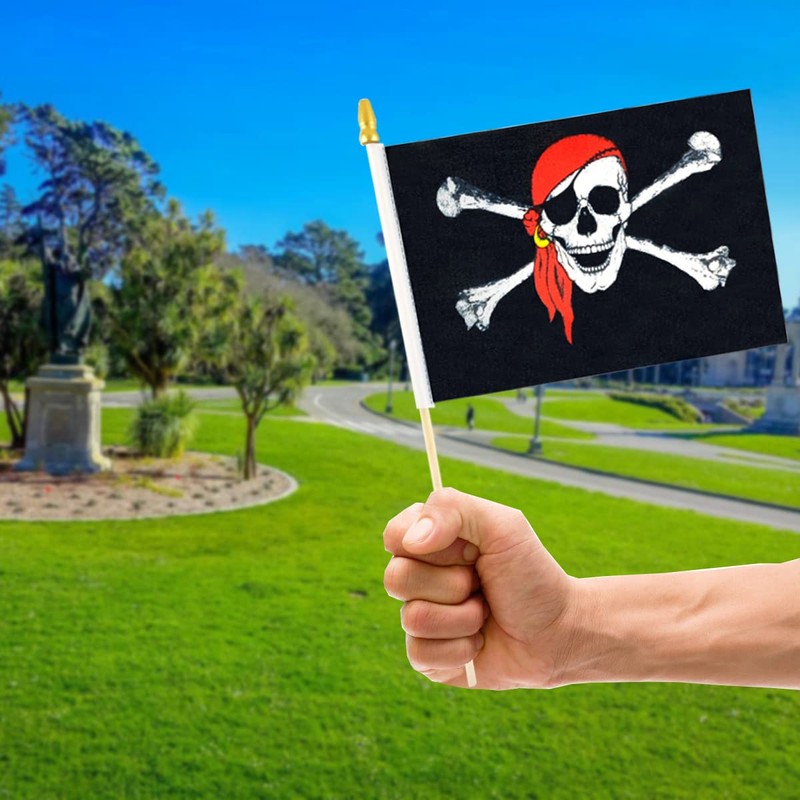 Newperlite Pirate Jolly Roger Stick Flag with Red Bandana Small
