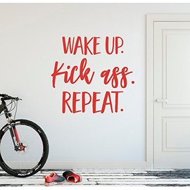 24"x22" Wake Up Kick Ass Repeat Workout Success Goal Positive Thinking Challenge Sports Fitness Exercise Train Work Hard Sport Wall Decal Sticker Art Mural Home Decor