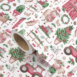 WRAPAHOLIC Farm Christmas Wrapping Paper - Mini Roll - 17 Inch x 16.5 Feet - Festive Barn, Animals and Greenery Christmas Farm Wrapping Paper for Xmas Holiday, Party Celebration