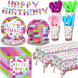 Gejoy 171 Pcs Building Blocks Birthday Party Supplies Tableware Kit Include Plates Cups Knives Forks Spoons Napkins Tablecloths and Banner for Girls Birthday Party Decorations Serve 24 Guest (Sweet)