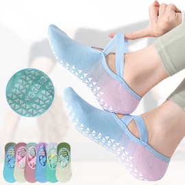 6 Pairs Pilates Socks, Size 3-6 Uk Non Slip Yoga Socks, Grippy Sock with Non-Slip Grips & Straps, Gradient Color Pilates Sock for Women, for Yoga, Barre, Ballet, Dance, Barefoot Workout Gym