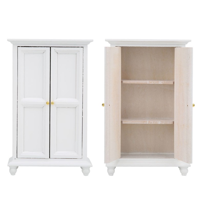 Miniature Doll House Wardrobe White Wooden Double Door Household Closet