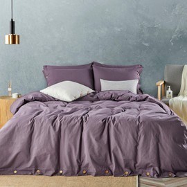 JELLYMONI Purple 100% Washed Cotton Duvet Cover Set, 3 Pieces Luxury Soft Bedding Set with Buttons Closure. Solid Color Pattern Duvet Cover King Size(No Comforter)
