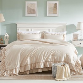 Cupocupa Beige Queen Comforter Set, 3Pcs Comforters Queen Size Ruffle Farmhouse Bedding Sets Queen with Comforter, Lightweight Soft Shabby Chic Bedding Comforter Set Fluffy for All Season