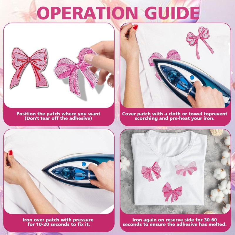 Bow Patches, 12 Pieces Pink Embroidered Patches, Bow Patch Stickers,