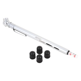 Accu-Gage Pencil Tire Pressure Gauge (10-75 PSI) Heavy Duty Stainless Steel High Pressure Gauge Single Head Air Chuck wi/Built-in Deflator, 4 Replacement Tire Valve Caps