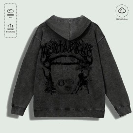 100% Cotton Washed "Vertabrae Edgy Graphic Collage" Hoodie, Multi - ColorsColor: Red, Size: M