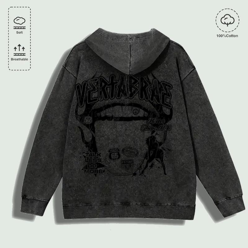 100% Cotton Washed "Vertabrae Edgy Graphic Collage" Hoodie, Multi -