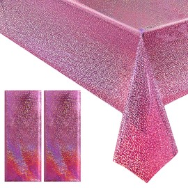 2 pcs Pink Holographic Laser Tablecloths Hot Pink Shiny Table Covers 40" x 108" Foil Disposable Rectangle Table cloths for Girl Birthday Party Wedding Anniversary Bachelorette Baby Shower Decor