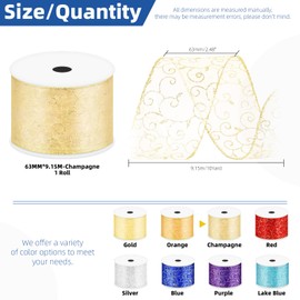 Glarks 1 Roll 6.3cm x 9.15m Champagne Swirl Glitter Wired Ribbon, Organza with Glitter Swirls Wired Ribbon, Organza Sheer Swirl Ribbon with Metallic Edge for Christmas Tree Decoration Gift Wrapping