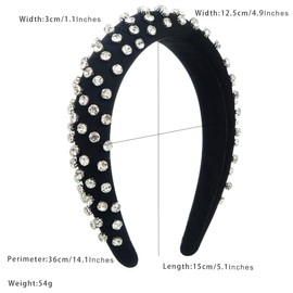 scicent Black Hair Band Rhinestone Crystal Embellished Wide Knotted Head Band Padded Hair Accessories for Women Girls Fashion Handmade Headband Sparkly Diamond Bling Hairbands - 25910