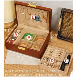 Bescott 2 Layer Solid Wooden Jewelry Box with Lock and Key for Women Men Vintage Velvet Wood Jewelry Organizer Storage for Earrings Rings Necklaces Bracelet Watch Mother’s Day Gift