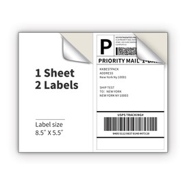 KKBESTPACK Half Sheet Shipping Labels for Laser and Inkjet Printers – 2 Per Page Self Adhesive Mailing Labels for Packages – White 8.5 x 5.5 Postage Labels for Shipping Boxes (2000 Labels) (KK2LP)