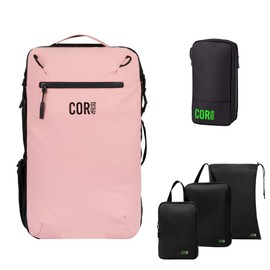 COR Surf Carry On Travel Backpack Bundle | Island Hopper Travel Backpack with Toiletry Bag and Compression Packing Cube Set (28L, Pink)