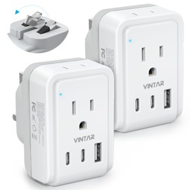 Adaptador de enchufe plegable VINTAR para viajes, adaptador de enchufe plegable Irlanda, tipo G con 2 tomas de corriente y 3 puertos USB (2 USB C), adaptador de corriente 5 en 1 para Estados Unidos a