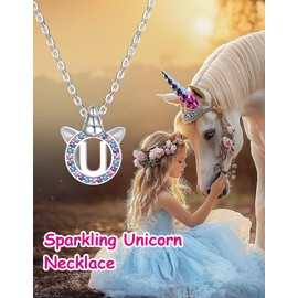Just Being Cute Unicorn Necklace for Girls, Initial Necklaces for Women, Hypoallergenic 945 Sterling Silver Colorful CZ Unicorn Gifts for Teen Girls Birthday Gifts-Letter U
