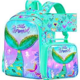 KLFVB 3PCS Girls Mermaid Backpack, Water Resistant Kids Unicorn Bookbag with Lunch Box, 16" Preschool Backpacks for Elementary