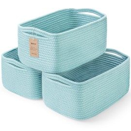 Maxuni 3-Pack Small Storage Baskets for Organizing | Woven Shelf Toy Basket | Rope Baskets for Gifts Empty | Closet Organizer Bins with Handles | Cube Decorative Box | 11.8×7.8×5.1” | Light Blue