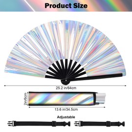 Fumwase Large Folding Hand Rave Fan Laser Silver Hand Fan Holographic Big Hand Fan with Rave Fan Holster Bamboo Festival Fan Clack Hand Fan Rave Accessories for Women Men EDM Club Party Dance