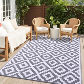 OLANLY Waterproof Outdoor Rug 6x9 ft, Outdoor Plastic Straw Rug for Camping, RV Mat Outside, Outdoor Carpet for Porch, Deck, Backyard, Balcony, Picnic, Grey & White