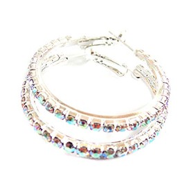 Crystal Iridescent Rhinestone Hoop Earrings 1.75 Inch Hoops Crystal Silver tone Hoop Earrings