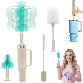 4 in 1 Electric Bottle Brush Cleaner Compatible Stanley Bottle Brush Straw Cleaner Multifunction Rechargeable IPX6 Waterproof Extra Long Design for Stanley Cup, Sports Bottle and More (Beige)