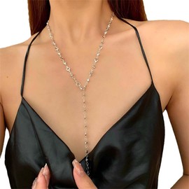 Allereya Boho Heart Y Lariat Necklace Hollow Heart Necklace Silver Crystal Y Necklace Love Heart Pendant Necklace Long Cz Drop Necklace Jewelry for Women