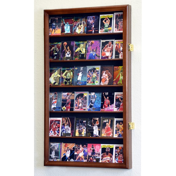 36 Sport Cards Collectible Card Display Case Cabinet Holder Wall Rack 98% UV, Lockable -Walnut