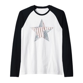 American Flag Patchwork Star Faded Vintage Raglan Baseball Tee