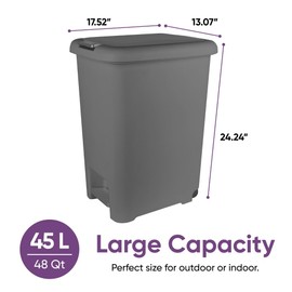 Superio 48L Slim Step & Push Trash Can with Wheels - Dual Opening, Space-Saving Design (17.52"x13.07"x22.24") - Gray