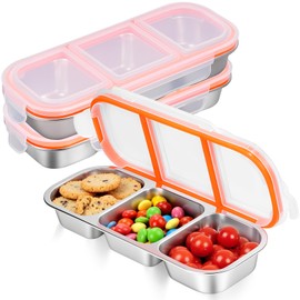 3 Pack Stainless Steel Snack Containers - Reusable 3 Compartment Condiment Box with Lids for Kids Adults, Grab and Go Divided Snack Food Storage Containers Sauce Cups for School, Travel