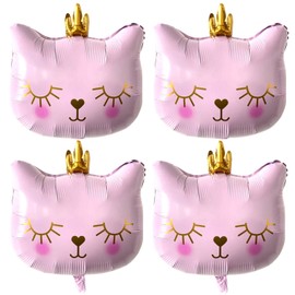 Big 22 Inch Pink Cat Balloons Foil Helium Adorable Crown Kitty Cat Shaped Animal Balloons for Girls Kitten Pet Cat Theme Birthday Party Decorations Supplies(Pack of 4)