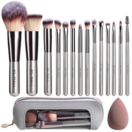 BS-MALL Set de Brochas de Maquillaje de Viaje de 14 Piezas con 1 Esponja de Maquillaje – Brochas Esenciales para Base, Polvos, Correctores, Sombras de Ojos Y Colorete con Estuche de Maquillaje de Viaj