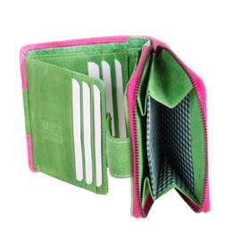 MIKA 42184 Women's Genuine Leather Wallet in Portrait Format with 9 Card Slots, 2 Slip Pockets, 2 Note Compartments and Coin Compartments, Wallet in Pink/Green, Approx. 9 x 10.5 x 3 cm, Pink - Green,