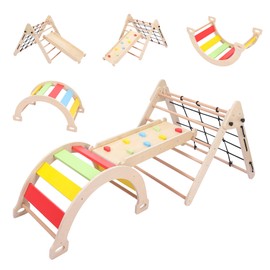Fasyou Toddler Climbing Toys, 3 in 1 Foldable Triangle Set with Slide, Rocker & Climbing Arch, Wooden Indoor Jungle Gyms, Baby Playground Climbing Gym for 1-3 Years - Colorful