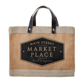 Santa Barbara Design Studio Main Street Farmers Market Tote, Reusable Burlap Grocery Bag with Leather Handle, Purse for Beach or Picnics, Food Lovers Gift Idea, 12.5 x 9.5 Inches