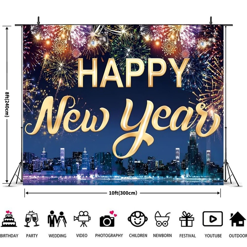 Happy New Year Backdrop 10x8ft New Years Decorations