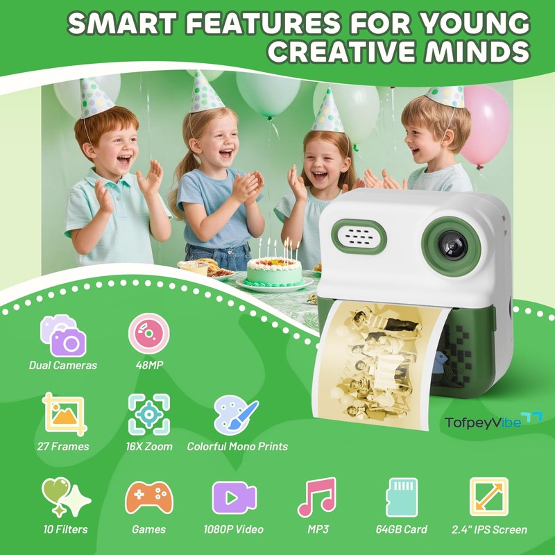 ofpeyVibe Kids Instant Print Camera – 48MP Dual Lens, 1080P
