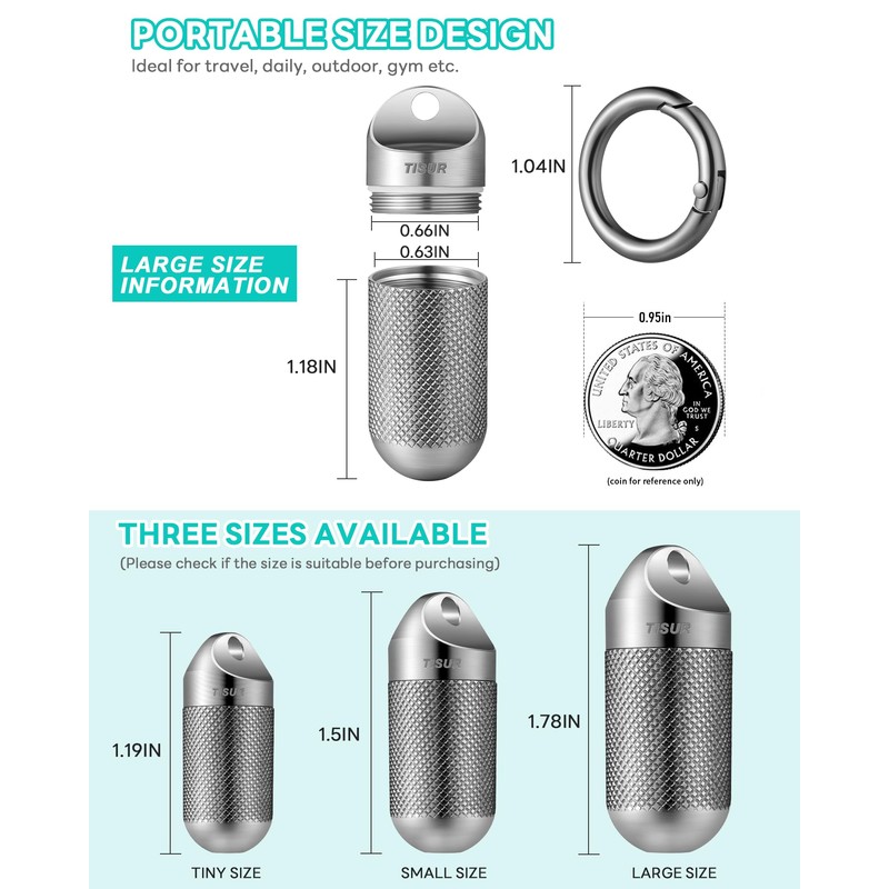 TISUR Titanium Keychain Pill Holder Small Metal Pill Case, Pill