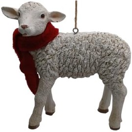OnHoliday Barnyard Farm Animal Large Lamb Sheep in Red Fabric Scarf Facing Left Hanging Christmas Tree Ornament