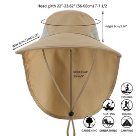 Magracy Men Women Outdoor Sun Hat Neck Flap Wide Brim Mesh UV Protection Hat Fishing Hats, khaki